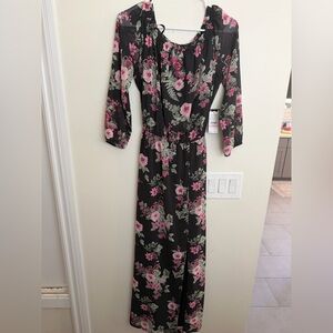 Nine West Black Floral Maxi Dress with Pink Roses